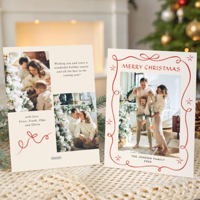 Cartes Pour Fêtes Annuelles Festif Noël Boho Red Bow Ribbon 3 Photo (Créateur téléchargé)