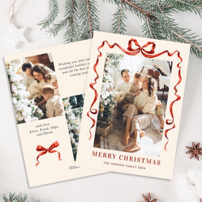 Cartes Pour Fêtes Annuelles Festif Noël Boho Red Bow Ribbon 5 Photo (Créateur téléchargé)