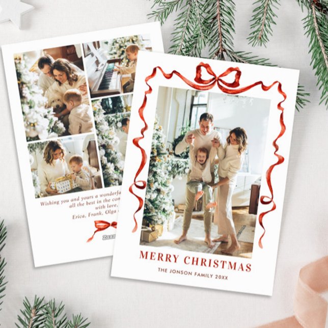 Cartes Pour Fêtes Annuelles Festif Noël Boho Red Bow Ribbon 5 Photo (Créateur téléchargé)