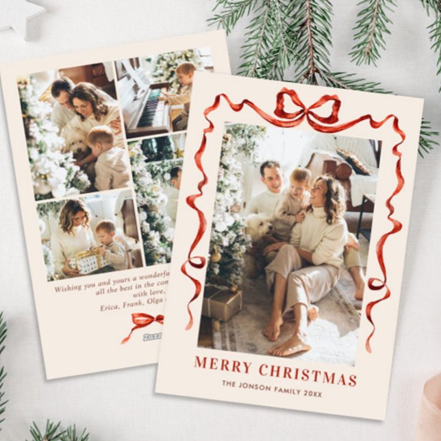 Cartes Pour Fêtes Annuelles Festif Noël Boho Red Bow Ribbon 5 Photo (Créateur téléchargé)