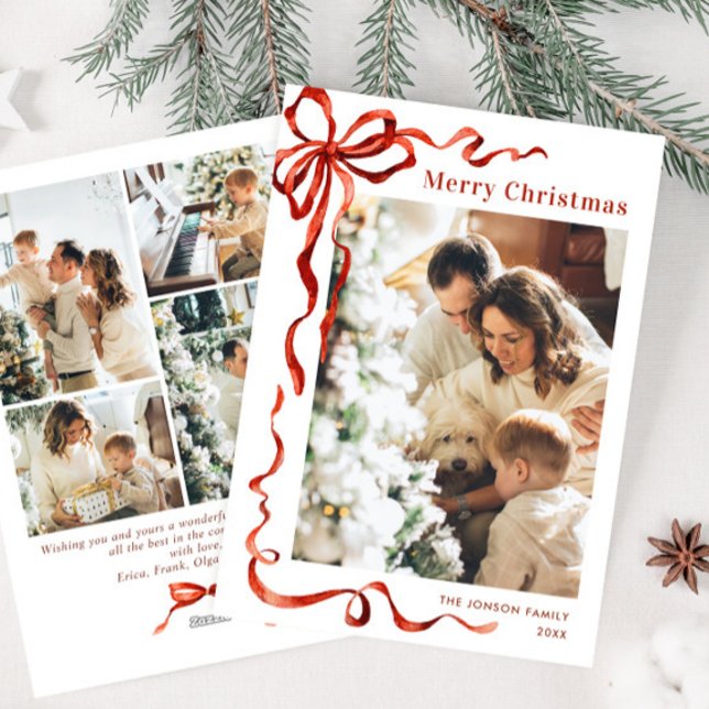 Cartes Pour Fêtes Annuelles Festif Noël Boho Red Bow Ribbon 5 Photo (Créateur téléchargé)