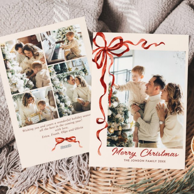 Cartes Pour Fêtes Annuelles Festif Noël Boho Red Bow Ribbon 5 Photo (Créateur téléchargé)