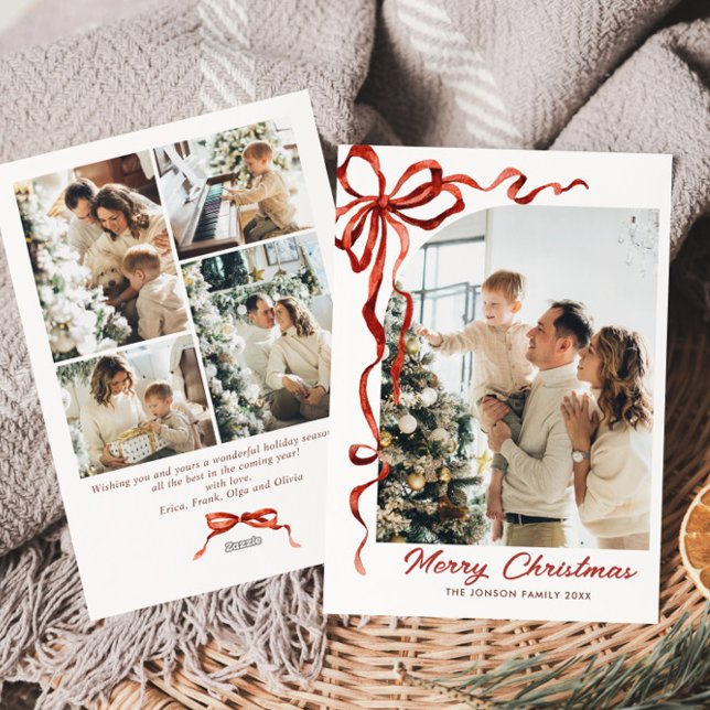 Cartes Pour Fêtes Annuelles Festif Noël Boho Red Bow Ribbon 5 Photo (Créateur téléchargé)