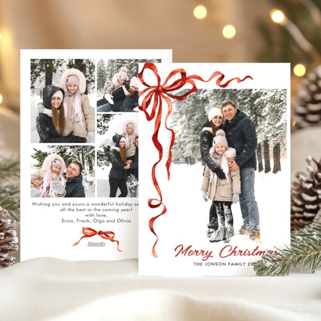Cartes Pour Fêtes Annuelles Festif Noël Boho Red Bow Ribbon 5 Photo (Créateur téléchargé)
