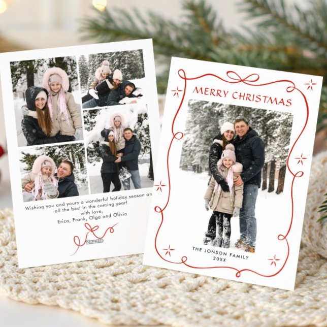 Cartes Pour Fêtes Annuelles Festif Noël Boho Red Bow Ribbon 5 Photo (Créateur téléchargé)