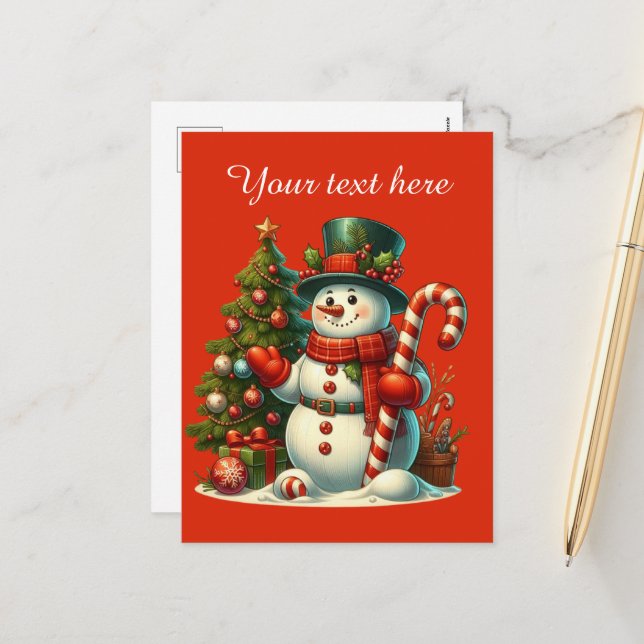 Cartes Pour Fêtes Annuelles Festif Noël bonhomme de neige ajouter le message (Devant/Arrière en situation)