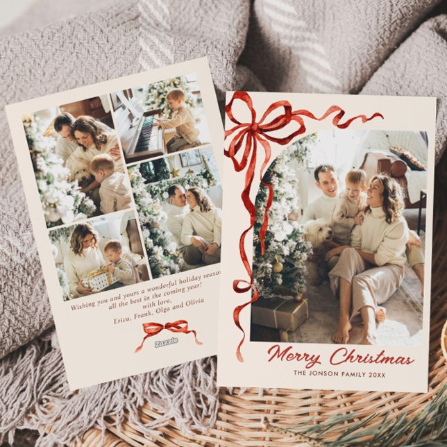 Cartes Pour Fêtes Annuelles Festif Noël Rouge Bow Ruban 5 Photo (Créateur téléchargé)