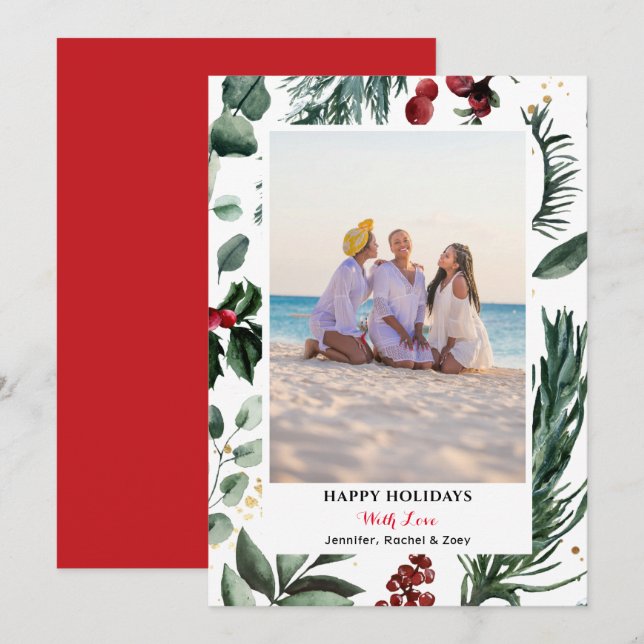 Cartes Pour Fêtes Annuelles Festif Pine verte Bough Berry Joyeux Noël (Devant / Derrière)