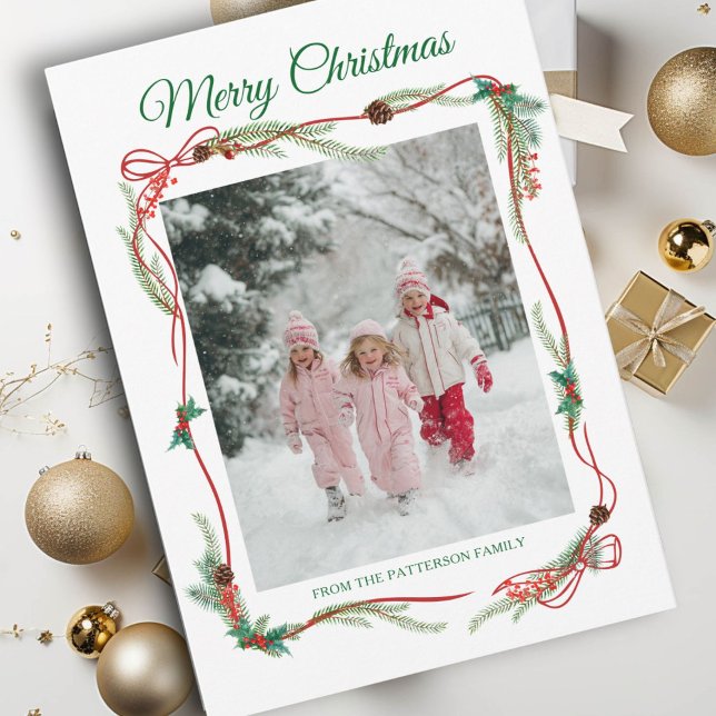 Cartes Pour Fêtes Annuelles Festif Red Bow Bordure -1 Photo Blanc Noël (Festive Red Bow Border -1 Photo White Christmas Holiday Card)