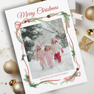 Cartes Pour Fêtes Annuelles Festif Red Bow Bordure -1 Photo Blanc Noël