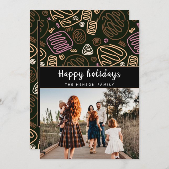 Cartes Pour Fêtes Annuelles Festif rose une ligne art Noël Famille Photo (Devant / Derrière)