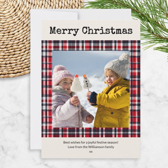 Cartes Pour Fêtes Annuelles Festif Rouge Plaid Photo personnalisée Noël (A Christmas holiday card personalized with a photo in a square tartan border and custom message)