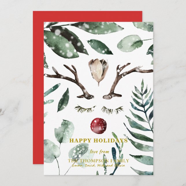 Cartes Pour Fêtes Annuelles Festif Rouge vert feuillage Eucalyptus Magnolia (Devant / Derrière)