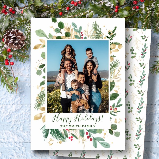 Cartes Pour Fêtes Annuelles Festif Vert Or Folithe Pine Aquarelle Florale (Créateur téléchargé)