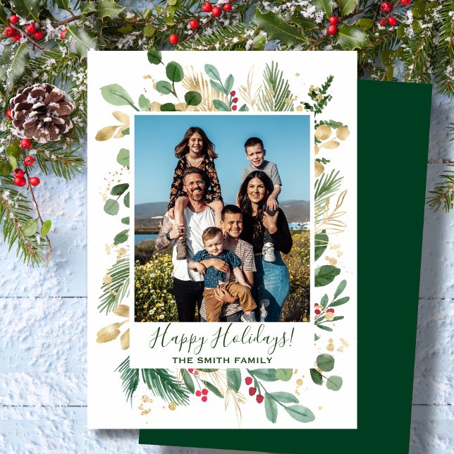 Cartes Pour Fêtes Annuelles Festif Vert Or Folithe Pine Aquarelle Florale (Créateur téléchargé)