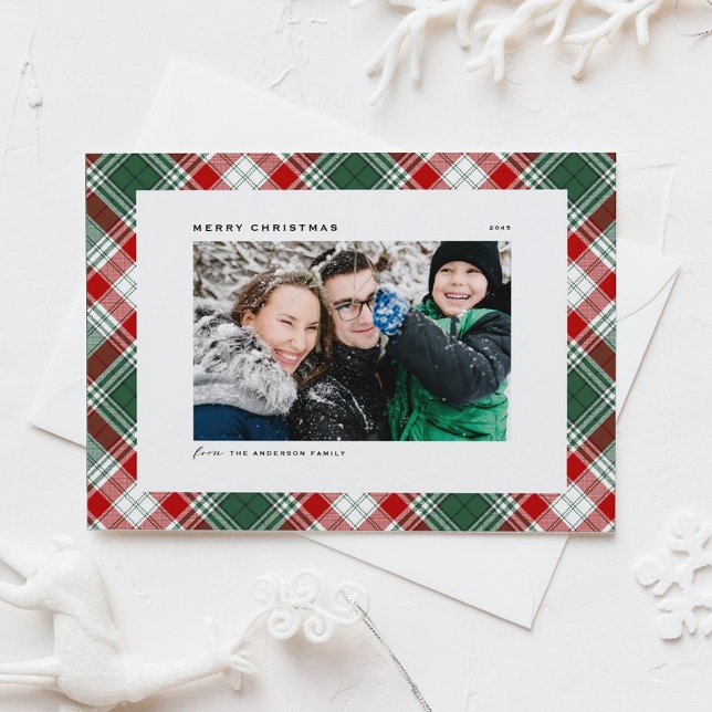 Cartes Pour Fêtes Annuelles Festif Vert Plaid Motif Joyeux Noël Photo (Festive Red and Green Tartan Plaid Pattern Merry Christmas Photo Holiday Card)