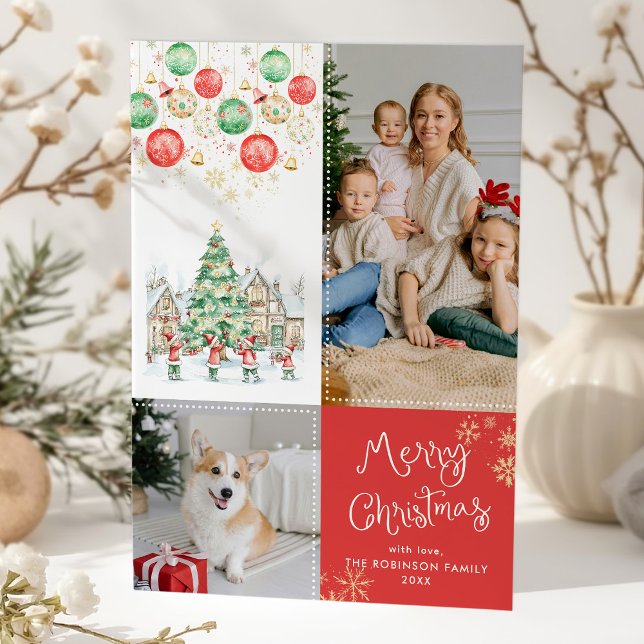 Cartes Pour Fêtes Annuelles Festif Village d'hiver Joyeux Noël Rouge 2 Photo (Créateur téléchargé)