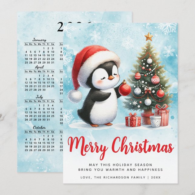 Cartes Pour Fêtes Annuelles Festin Bleu et Rouge Pingouin Joyeux Noël (Devant / Derrière)