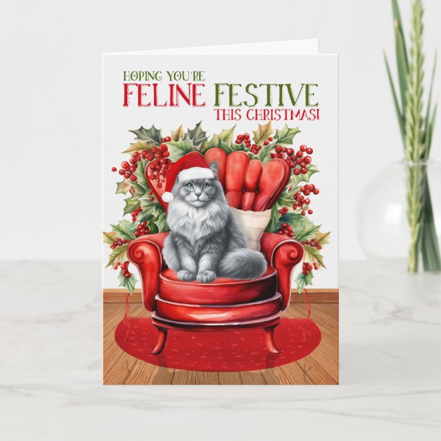 Cartes Pour Fêtes Annuelles Festin de Noël gris et blanc Fat de Noël FELINE (Devant)