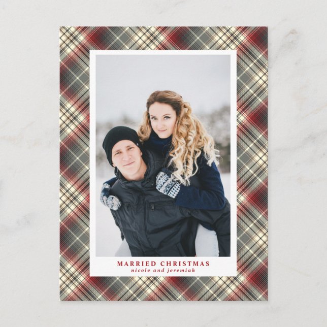 Cartes Pour Fêtes Annuelles Festin Tartan rouge Gris gris Marié Noël Photo (Devant)