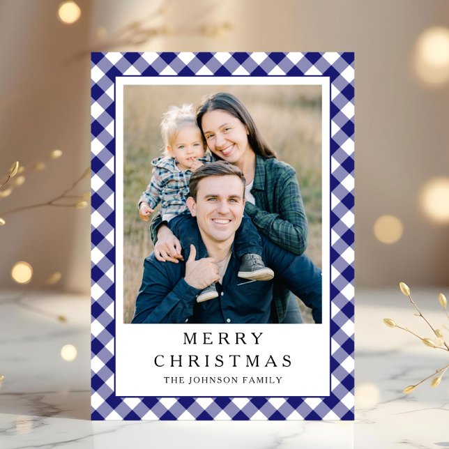 Cartes Pour Fêtes Annuelles Festive Blue Gingham Photo Christmas (Festive Blue Gingham Photo Christmas Holiday Card)