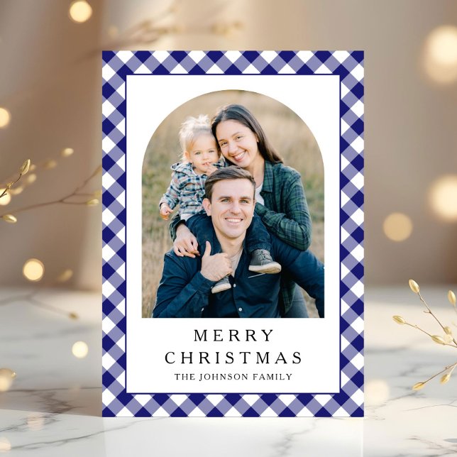 Cartes Pour Fêtes Annuelles Festive Blue Gingham Photo Christmas (Festive Blue Gingham Photo Christmas Holiday Card)