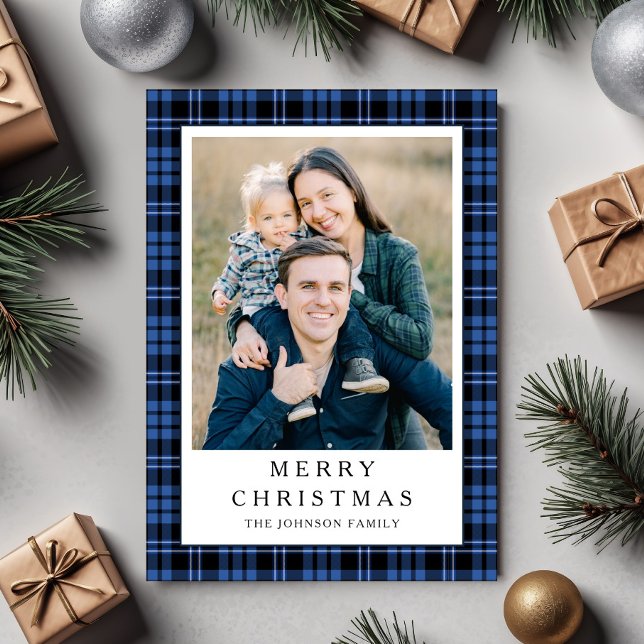 Cartes Pour Fêtes Annuelles Festive Blue Plaid Photo Christmas (Festive Blue Plaid Photo Christmas Holiday Card)