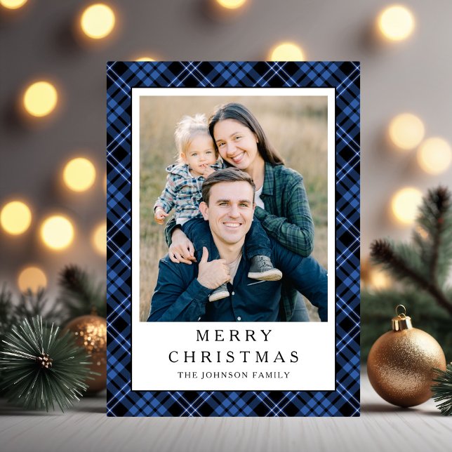 Cartes Pour Fêtes Annuelles Festive Blue Plaid Photo Christmas (Festive Blue Plaid Photo Christmas Holiday Card)