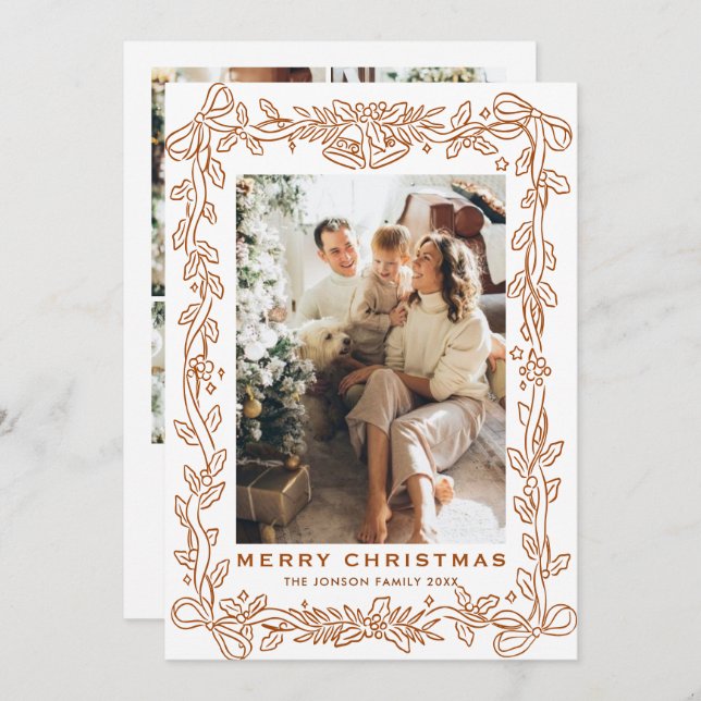 Cartes Pour Fêtes Annuelles Festive Christmas Boho Beige Bow Ribbon 5 Photo (Devant / Derrière)