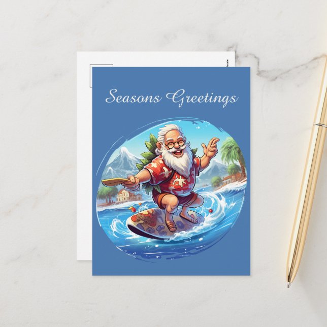 Cartes Pour Fêtes Annuelles Festive Christmas surfing Père Noël ajouter le tex (Devant/Arrière en situation)