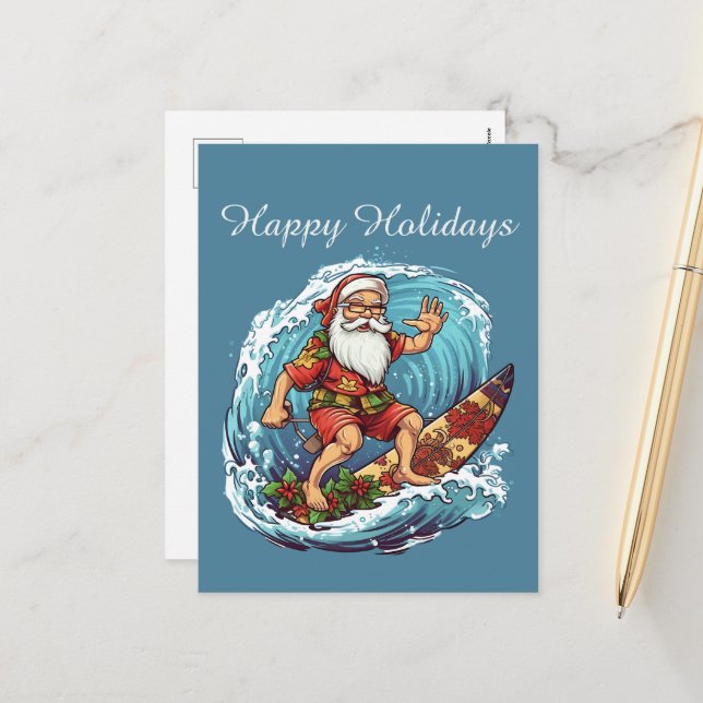 Cartes Pour Fêtes Annuelles Festive Christmas surfing Père Noël ajouter le tex (Devant/Arrière en situation)