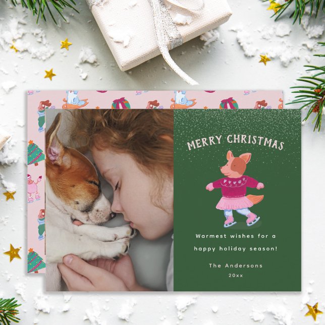 Cartes Pour Fêtes Annuelles Festive Corgi Ice Skating Green Christmas  (Créateur téléchargé)