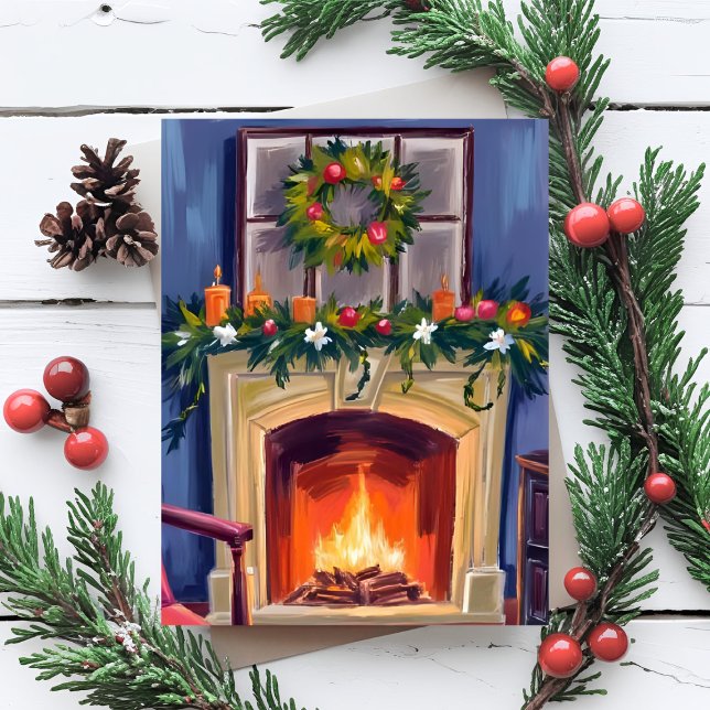 Cartes Pour Fêtes Annuelles Festive Fireplace Christmas Wreath Watercolor (Créateur téléchargé)