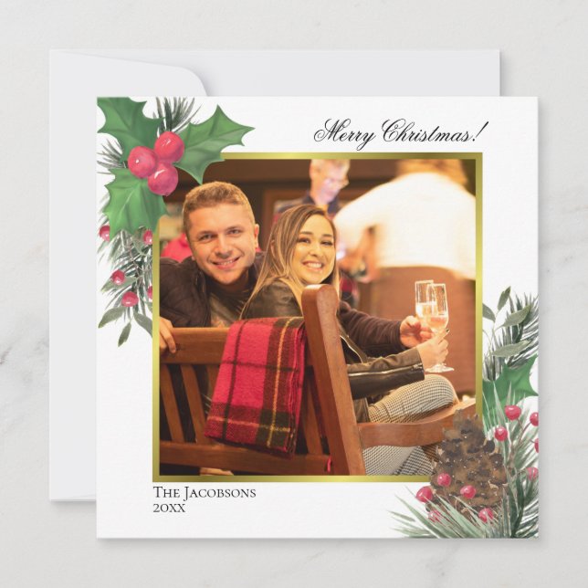 Cartes Pour Fêtes Annuelles Festive Foliage d'hiver Holly Berries & Pine Photo (Devant)