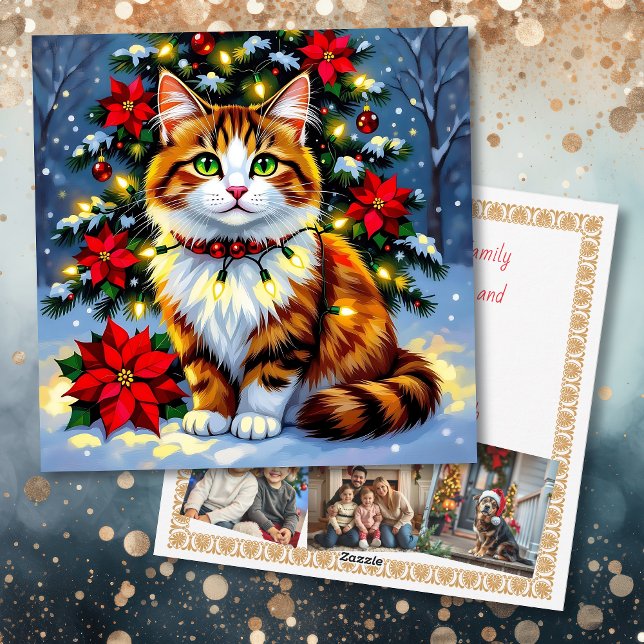 Cartes Pour Fêtes Annuelles Festive Folk Art Cat with Family Photos Custom (Créateur téléchargé)