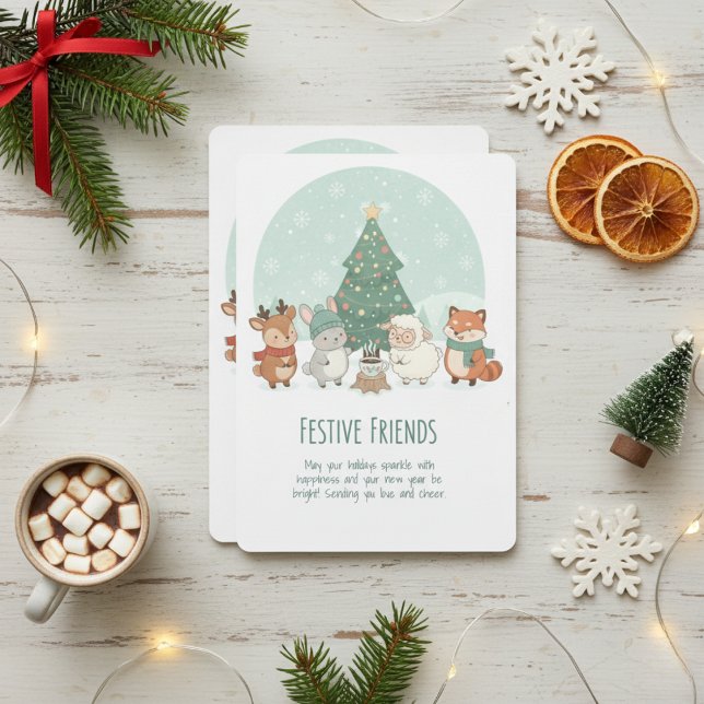 Cartes Pour Fêtes Annuelles Festive Friends Woodland Animals Watercolor (Créateur téléchargé)