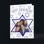 Cartes Pour Fêtes Annuelles Festive Fun Star de David Photo Frame Hanoukka<br><div class="desc">Cette carte de plaisir est une façon merveilleuse de souhaiter à vos amis et à votre famille une Hanoukka heureuse. Dispose d'un design festif avec une étoile de David qui est en fait un cadre photo où vous pouvez télécharger une image. L'arrière - plan présente une dispersion de petites étoiles...</div>