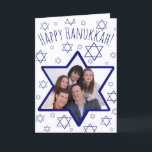 Cartes Pour Fêtes Annuelles Festive Fun Star de David Photo Frame Hanoukka<br><div class="desc">Cette carte de plaisir est une façon merveilleuse de souhaiter à vos amis et à votre famille une Hanoukka heureuse. Dispose d'un design festif avec une étoile de David qui est en fait un cadre photo où vous pouvez télécharger une image. L'arrière - plan présente une dispersion de petites étoiles...</div>