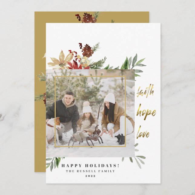 Cartes Pour Fêtes Annuelles Festive Gold Faith Hope Love Two Photo Christmas (Devant / Derrière)