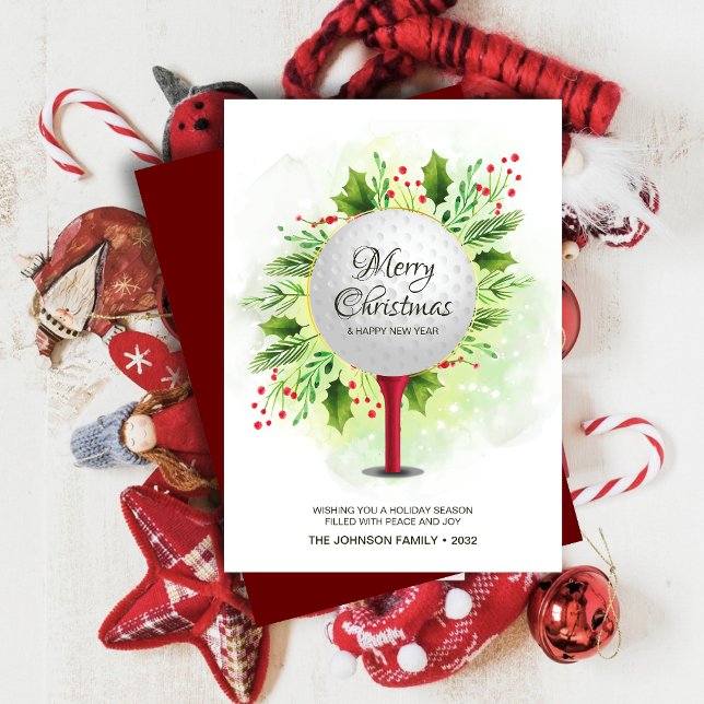 Cartes Pour Fêtes Annuelles Festive Golf Tee Shot Noël Verdure (Créateur téléchargé)