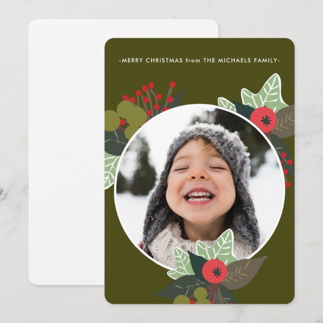 Cartes Pour Fêtes Annuelles Festive Green Botanical Circle Photo Noël (Devant / Derrière)