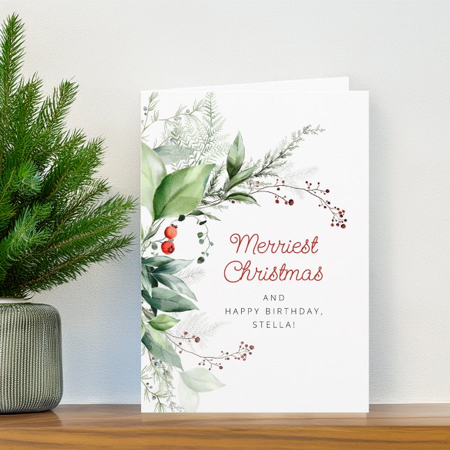 Cartes Pour Fêtes Annuelles Festive Greenery Merry Christmas Happy Birthday (Festive Greenery Merry Christmas Happy Birthday Holiday Card)
