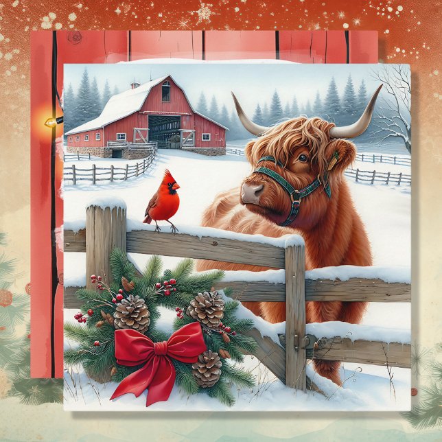 Cartes Pour Fêtes Annuelles Festive Highland Cow et Noël cardinal (Créateur téléchargé)