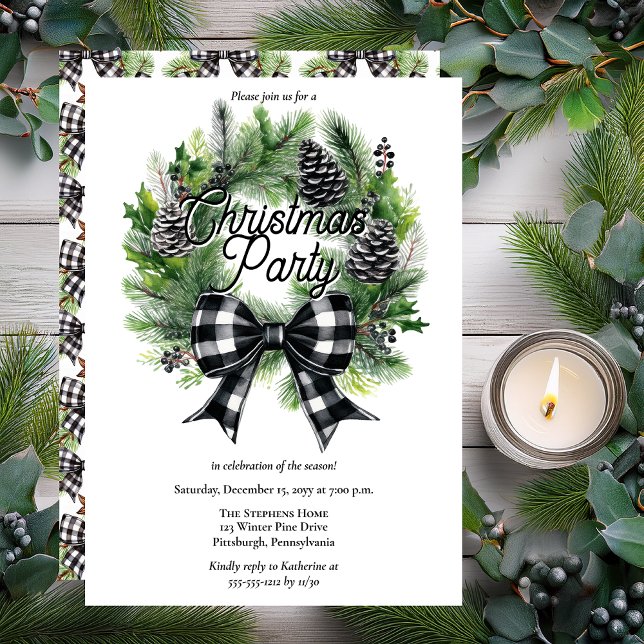 Cartes Pour Fêtes Annuelles Festive Holiday Wreath BW Bow Christmas Party  (Festive Holiday Wreath with BW Check Coquette Bow "Christmas Party" Invitation - Print | Digital)