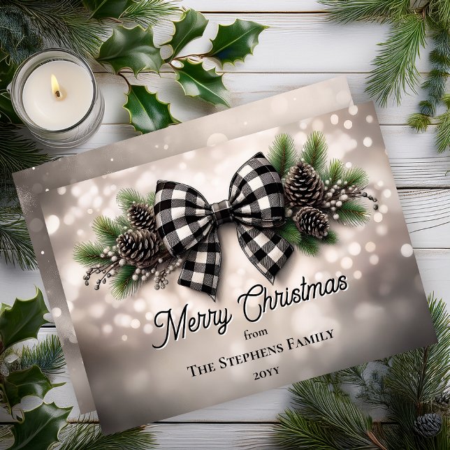 Cartes Pour Fêtes Annuelles Festive Holiday Wreath Merry Christmas Non-Photo (Festive Holiday Bough with Black | White Check Coquette Bow Bokeh Snow "Merry Christmas" Flat Card)