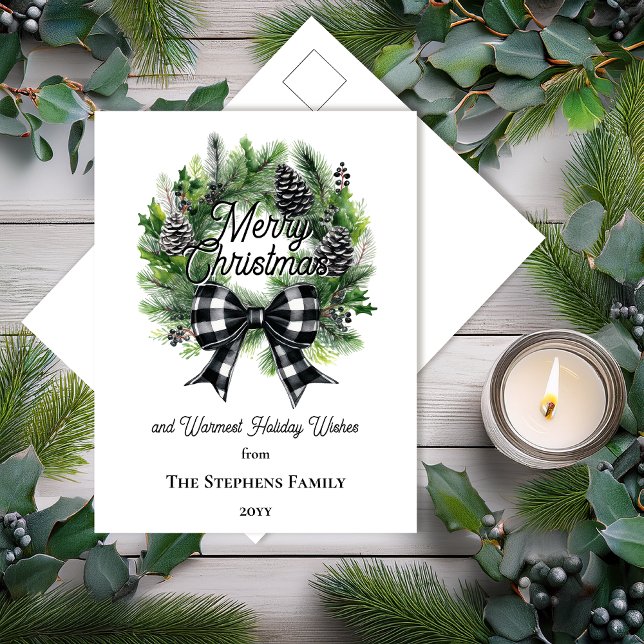 Cartes Pour Fêtes Annuelles Festive Holiday Wreath Merry Christmas Non-Photo (Festive Holiday Wreath with Black | White Check Coquette Bow "Merry Christmas" Postcard)