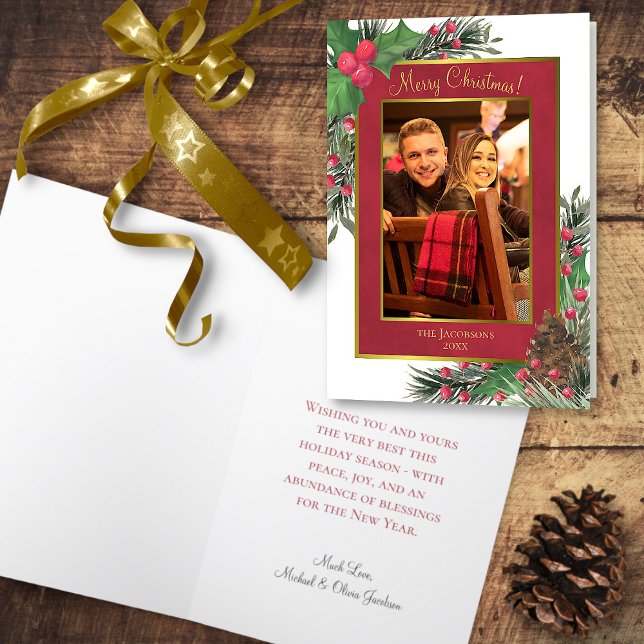 Cartes Pour Fêtes Annuelles Festive Holly Berries & Pine Joyeux Noël Photo (In Situ Front/Open)