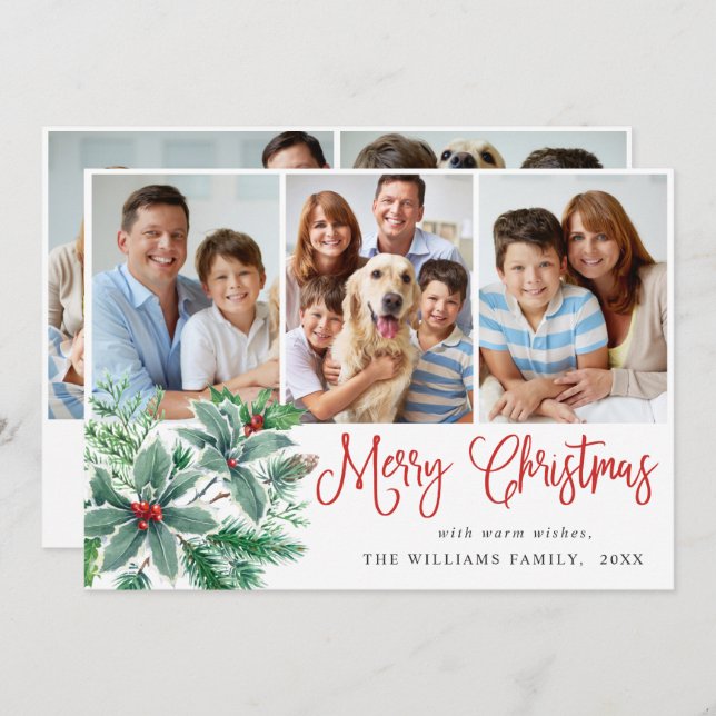 Cartes Pour Fêtes Annuelles Festive Holly Berry 5 PHOTO Noël Salutation (Devant / Derrière)
