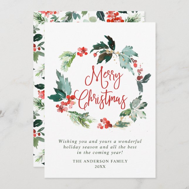 Cartes Pour Fêtes Annuelles Festive Holly Berry Wreath voeux de Noël (Devant / Derrière)