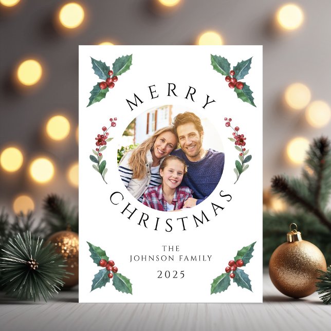 Cartes Pour Fêtes Annuelles Festive Holly Botanical Green Photo Noël (Festive Holly Botanical Greenery Photo Christmas Holiday Card)